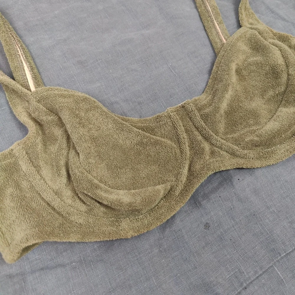 Zulu & Zephyr‎ Bikini Top Women 6 Olive Green Terry Cloth Underwire Balconette